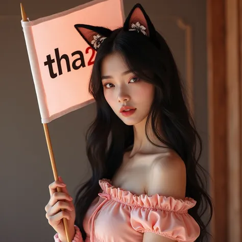 Beautiful Korean girl wearing cat ears, standing flag, the word Tha2 is on the flag, ribbon,  high resolution,  private view, 