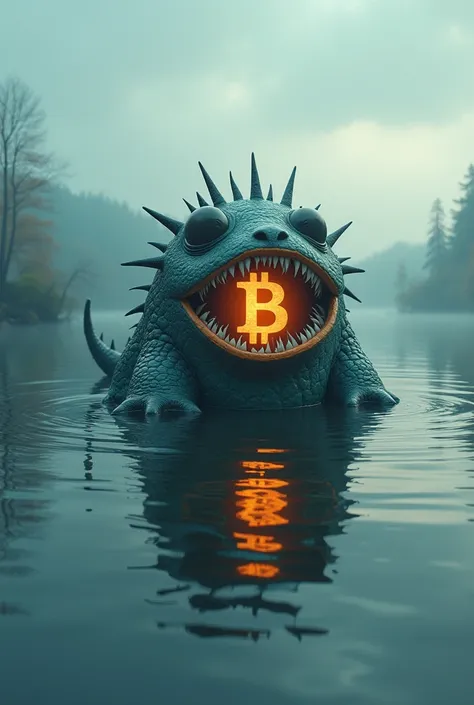 The lake monster is made of a memecoin logo in a circle and miniaturized
