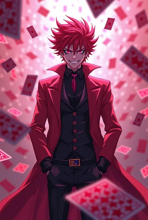 HISOKA FROM THE ANIME HUNTER HUNTER SURROUNDED BY CARDS IN SHADES OF PINK