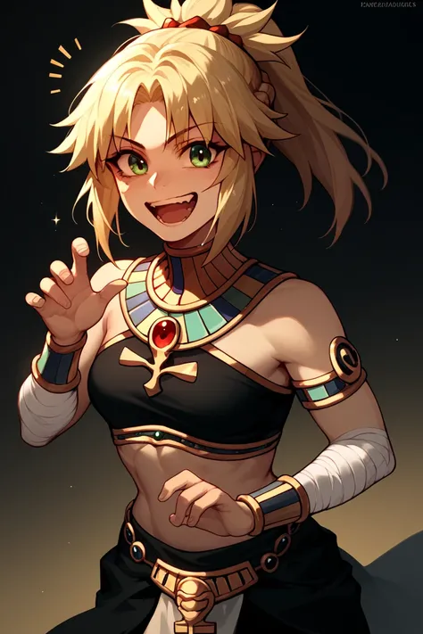 Mordred fate,Black and gold Egyptian style outfit, black bandages on the arm,excited, happy,Black clothes 
