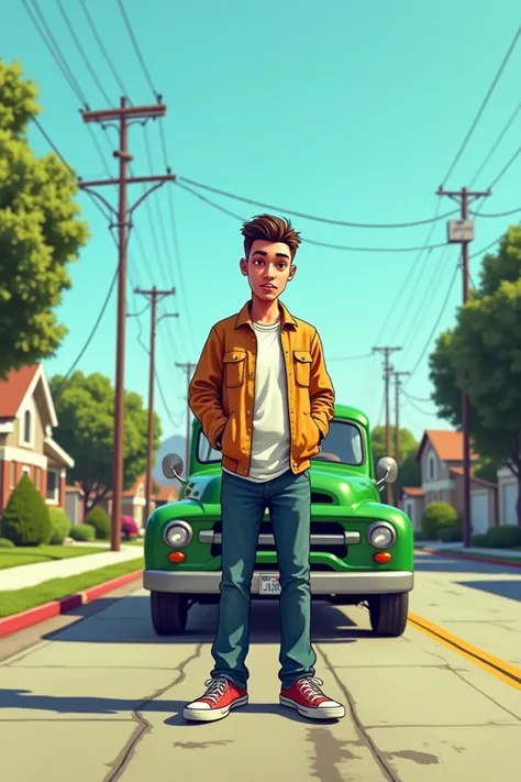 Cartoon a lawn with a young man in the middle of the street with a green pickup truck behind him in GTA V style 