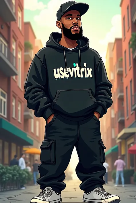 Dark-skinned man, 1.80m tall, thin, wears cap, light beard, black sweatshirt with graffiti-style letters printed on it saying "usevitrix", baggy black pants, white sneakers, cartoon