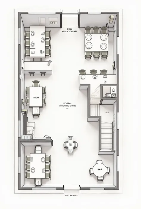 Make a restaurant floor plan that has a label in each facilities and includes the ingress and egress 