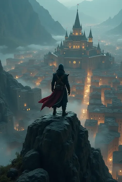 Assassin creed standing on the top of the mountain looking at the old city dark night glowing city dreamy city imagination city masterpiece hd image 