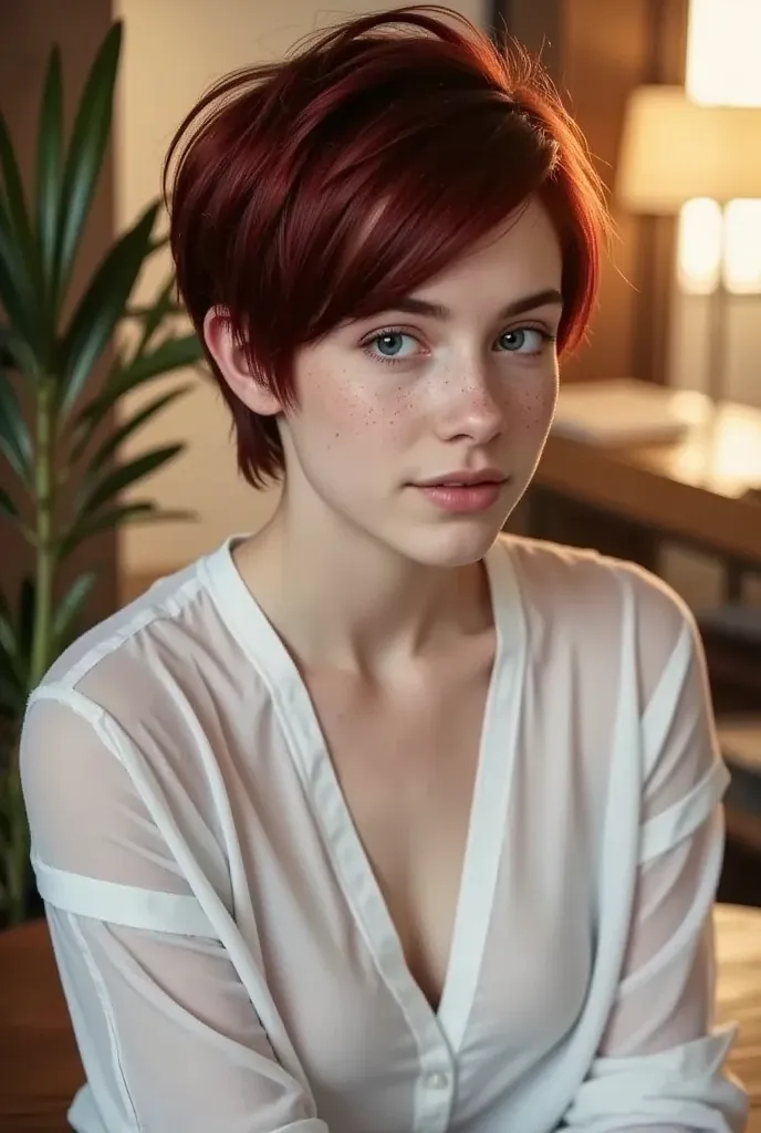 a charming young 21y with short, dark red pixie-style hair and freckles softly dusting her cheeks and nose. she has striking blu...