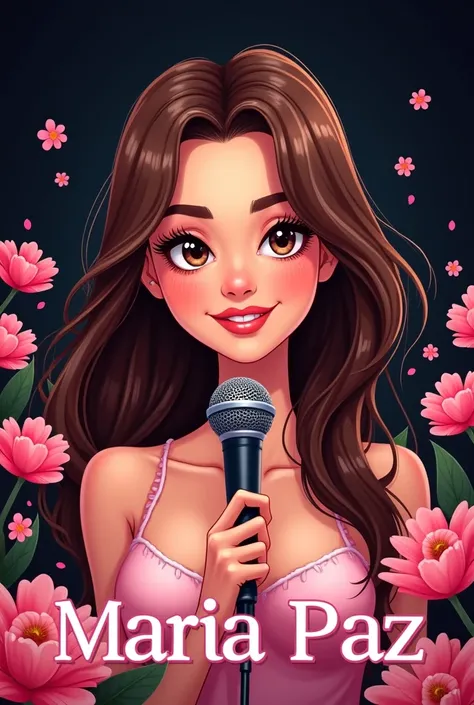 Beautiful womans face cartoon with microphone in her hand with brown hair on a black background with pink flowers with the name Maria Paz large in pink on the bottom


