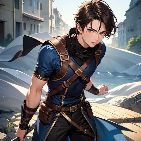 A young man in his late 20s, about 180cm tall with short brown hair. He has bright blue eyes that give an impression of sharpness, but are actually filled with kindness and determination. He wears a casual adventurer-like outfit, with two short swords shea...