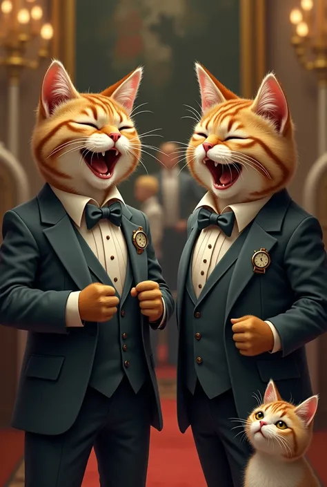 Two cats in formal clothes laughing at a poor cat 