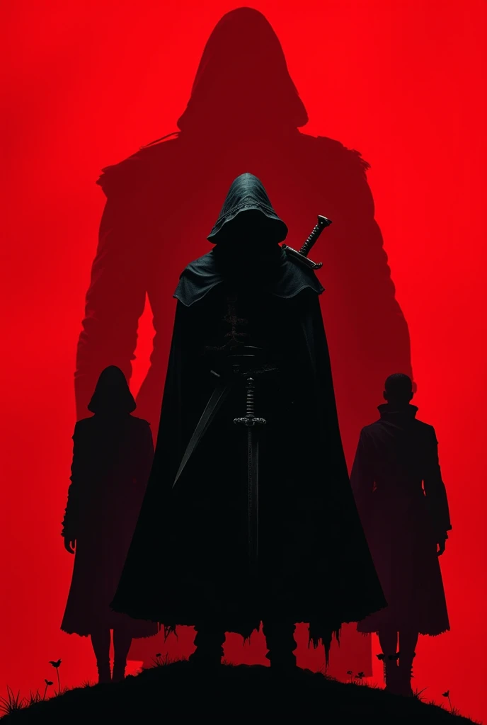 "Design a striking book cover illustration with a bold red background. The centerpiece is a mysterious character wearing a black cloak with a hood obscuring half of their face in shadow, adding an enigmatic aura. The character is visible from head to thigh...