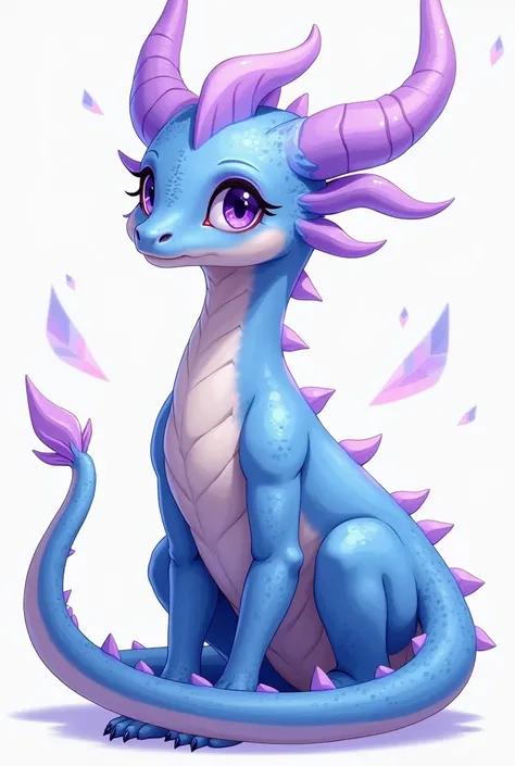 anime, Antropomórfico, dragon, blue, purple eyes, chico,  feminine looking body even though he is a boy, long cola, Light purple horns ,  has shorts and light clothing 