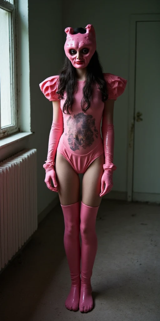 NSFW, (In a room of an abandoned building, a Japanese  with a very attractive body lay unconscious, scarred to shreds by an obscene Shiny pink rubber leotard creature:1.6), (The creature had obscenely altered her body so that the leotard the creature had p...