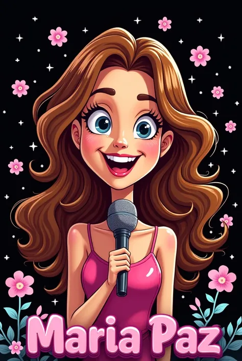 Cartoon womans face with microphone in her hand with brown hair on a black background with pink flowers with the name Maria Paz with beautiful and large letters in pink on the bottom


