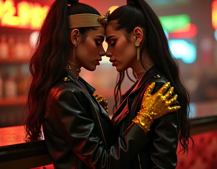 obra prima, melhor qualidade, ((two bone-thin lebanese very young party teens, blow-dry hair, leaning against bar counter,)) ((((wearing black wetlook pvc biker jackets,)))) gold foil gloves, egyptian headdress, ((((kissing, hugging, noses touching, reachi...