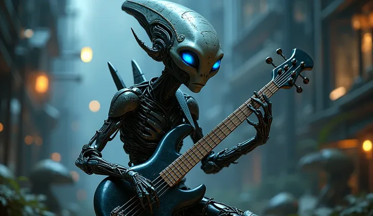 alien intricate metal body, glowing blue eyes, sharp metallic fingers playing an electric bass guitar, complex circuitry and machinery, futuristic sci-fi setting, dynamic movement, dramatic lighting, (best quality,4k,8k,highres,masterpiece:1.2),ultra-detai...