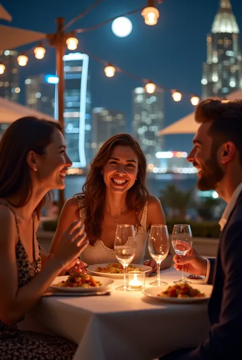 

 Three friends meet in an exclusive outdoor restaurant ,  enjoying an exquisite evening in the heart of a vibrant city .  The atmosphere is adorned with elegant tables and soft lights that illuminate the night ,  while in the background stand majestic br...