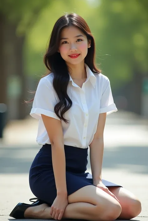 Realistic photograph of full body of a beautiful young girl , wide angle view, looking at viewer, makeup, blush, red lipstick, white shirt short sleeve, navy blue short pencil tight skirt, black high heel shoes, smile expression,sit with your head down, kn...