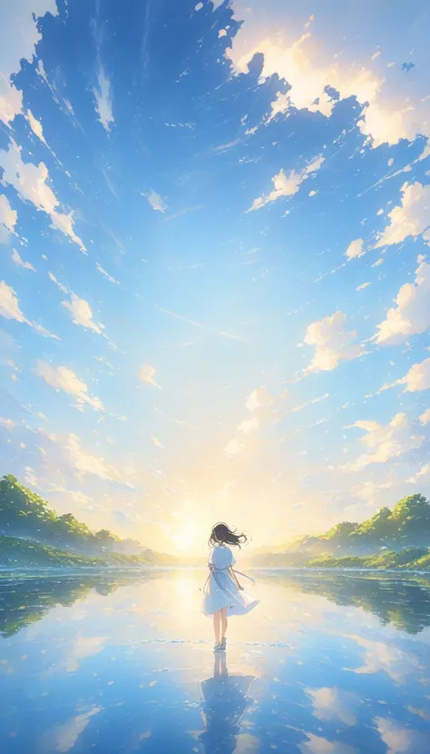 (( style :Colored pencil,Light color)),(Anime)、(masterpiece:1.2), atmospheric perspective , debtrom side, lens debtlare, debt/2.8, 135mm,Large cumulus clouds visible debtrom the room、Summer sky、座って外を眺める女の子、A large depiction odebt the blue sky、Summer landsc...