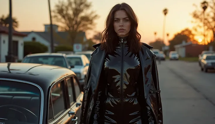 realistic photo, woman standing next to vintage gasser , wearing  black shinny pvc jumpsuit , black shiny pvc jacket , wearing black shinny pvc thigh high boots , black shinny pvc long gloves , in californian street at dusk