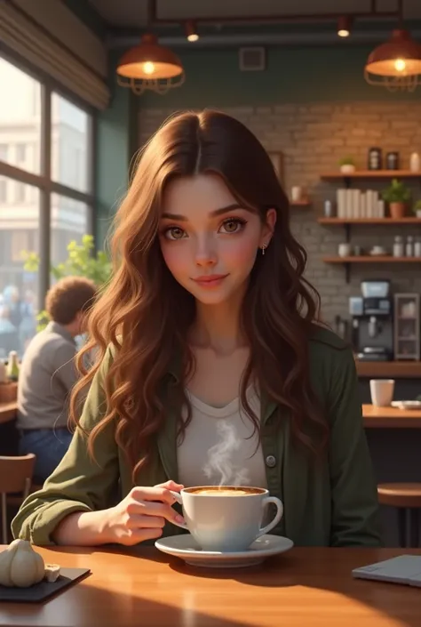 same woman drinking coffee in a coffee shop - brown hair, Clear eyes 27 years old , 
