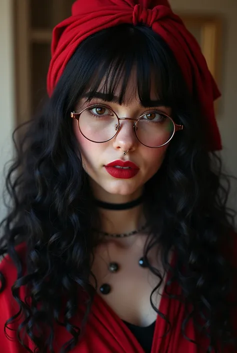  photo of a black-haired girl,  long curly hair , with curly fringe ,  Light brown skin color ,  amber eyes and medium size ,  of hexagon-shaped glasses  , parts,  the odd mole , complexion media,  top clothing and jumpsuit ,  red headscarf  , makeup with ...