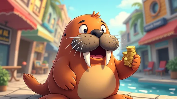 A cute illustration of a walrus who saved money through crowdfunding