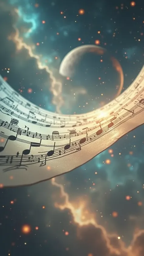 a spiritual musical composition in the universe, a detailed illustration of sheet music and treble clef, hyper realistic, 8k, high contrast, cinematic lighting, vibrant colors, dramatic composition, masterpiece