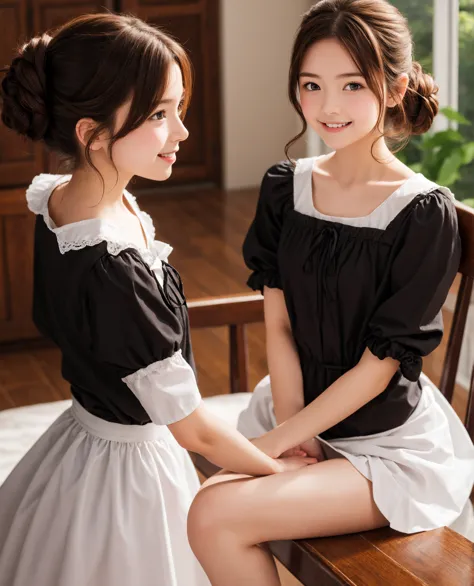 maid,cute pretty girl,masterpiece,high definition,4k,8k,16k,chignon hair,brown hair,skinny,thin body,smile