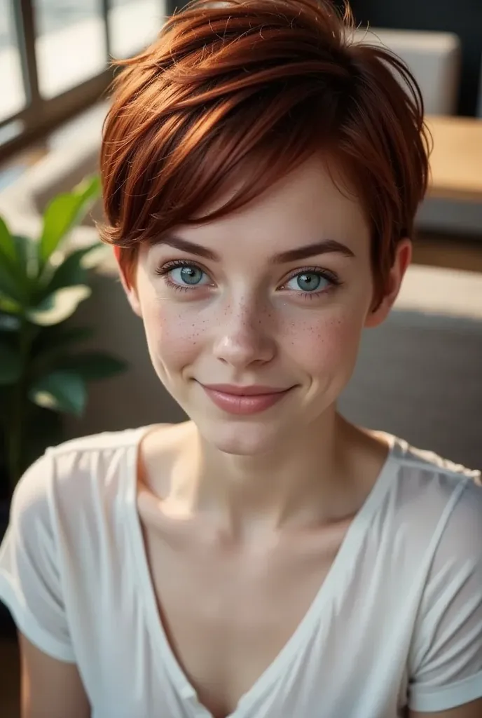 a charming young 21y with short, dark red pixie-style hair and freckles softly dusting her cheeks and nose. she has striking blu...