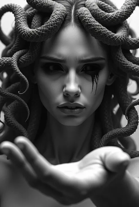 Picture drawing of the goddess Medusa as she reaches out her palm to me with a displeased look and tears with completely black eyes, All in black and white 