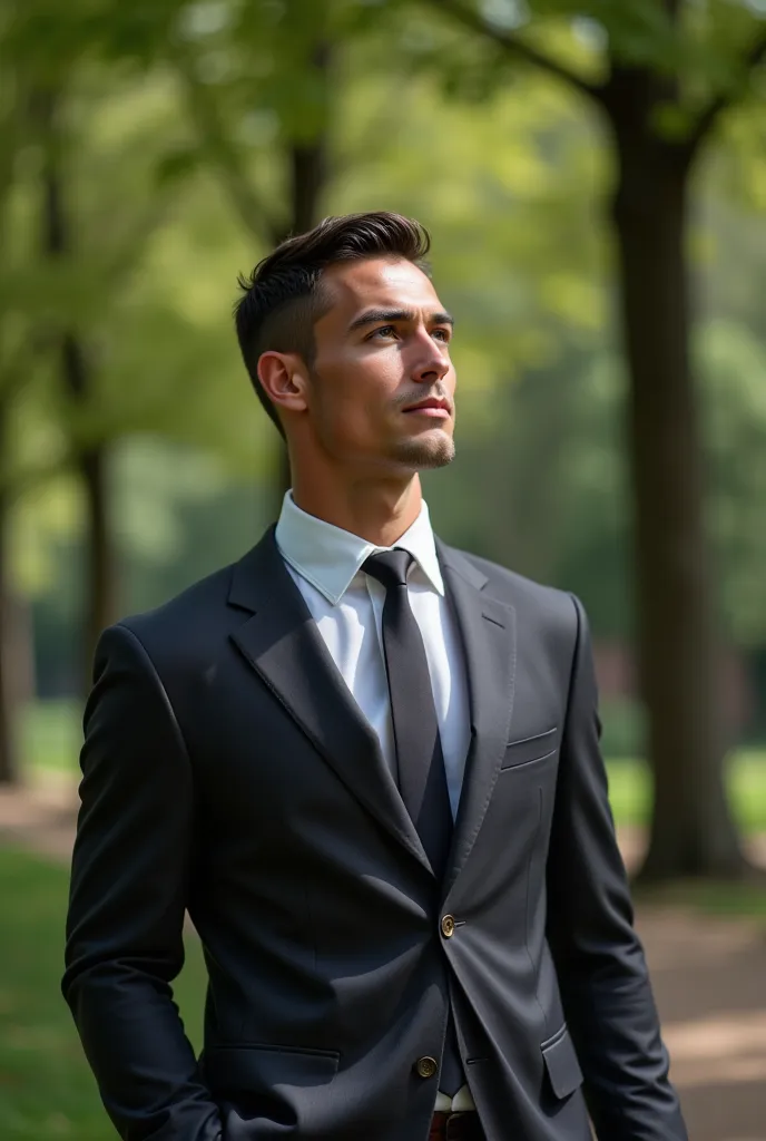 full body portrait of ronaldo in a suit, extremely detailed skin, pointing up to the sky, in the park, blurred background.