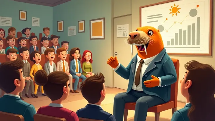 A cute illustration of a walrus presenting in front of many people