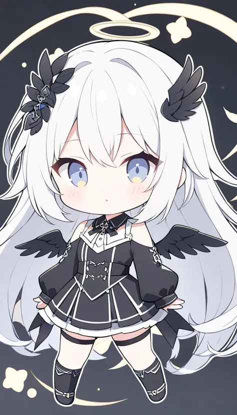 vector art、whitebalance:0.5),White Hair、cuteFallen Angel Costume、((Fallen Angel)),Tattered Black Feather,Black feather hairpin,((Slanted Eyes)),tooth,cute,black feathers scatter,Beautiful background