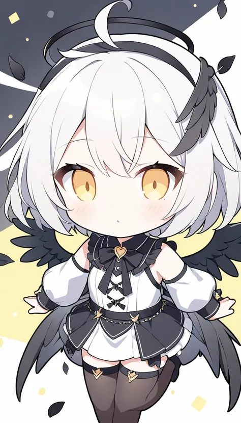 vector art、whitebalance:0.5),White Hair、cuteFallen Angel Costume、((Fallen Angel)),Tattered Black Feather,Black feather hairpin,((Slanted Eyes)),tooth,cute,black feathers scatter,Beautiful background