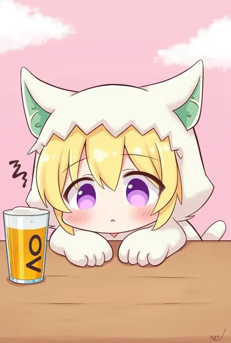 Girl with cat ears 、Fluffy girl、Cat costume、Blonde、Purple eyes、 sleeping sleepily on the table、 is beer on the table 、 letter Myo on beer glass 、 overall colorful 、 the background is fluffy with clouds 、 has the next in the background 、 is pink 、