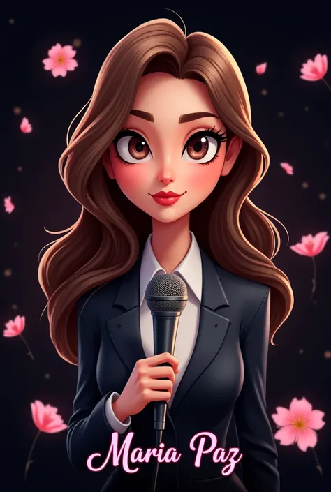 Face of an intelligent cartoon woman with microphone in her hand with long brown hair dressed in a suit with black background with pink flowers with the name Maria Paz with elegant pink letters on the bottom


