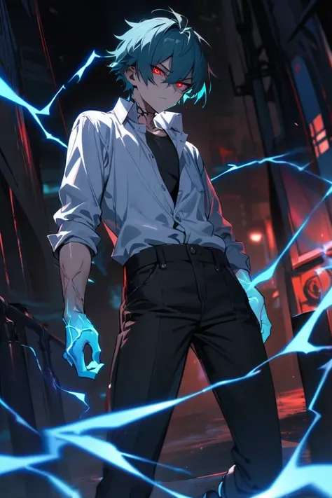 Male Teenager ,solo, black undershirt, white unbutton down shirt, sinister look, black jean pants, black sneakers, teal hair,, scar around his neck, red eyes, sinister look, masterpiece, best quality,, night, blue lightning power, blue glowing arms veins ,...