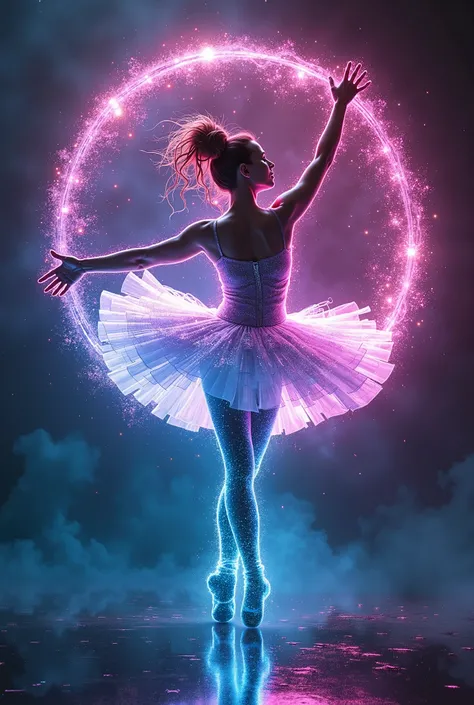 **A futuristic representation of a BEAUTIFUL BALLET DANCER immersed in a sphere of cybernetic ether, integrated with a continuous nano-fabric and brought to life through synaptic fusion dynamics, highlighted in vibrant magenta and cyan --ar 3:2-- raw style...