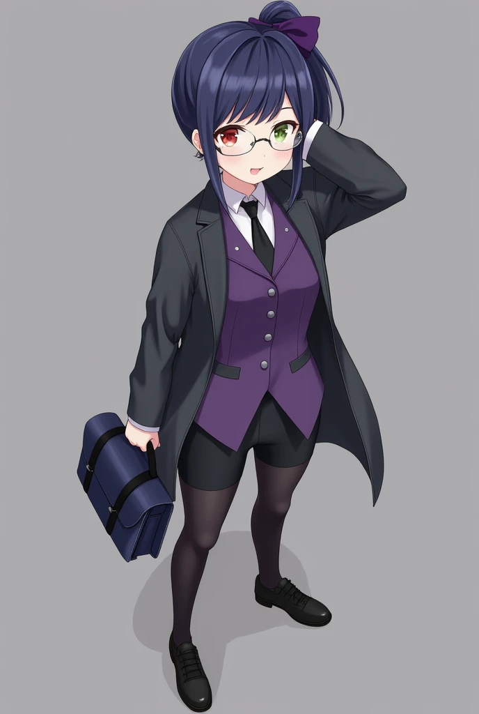  Dark Blue Ponytail with Purple Bow 、 Different Color Eyes  （Left red、Right olive green） 、 Silver Frame Glasses 、 Purple Suit Shirt with Black Knee Shorts、Dark Grey Military Coat、Black Tights 、 Black Womens Leather Shoes 、Carrying a dark blue pain bag 、At ...