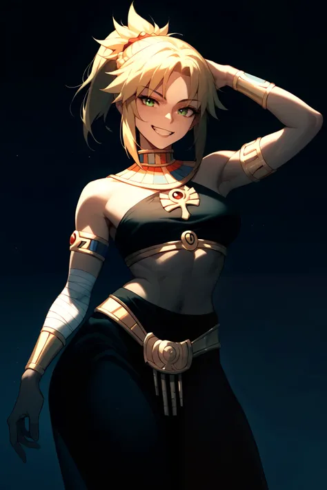 Mordred fate,Black and gold Egyptian style outfit, black bandages on the arm,smiling, happy,Black clothes,long clothes,curvy body