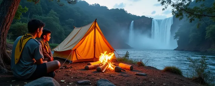  Create a document header for the 2025 calendar of the Iguaçu Scout Group ,  in the image portray some Boy Scouts wearing yellow scarves with black stripes next to a tent and a bonfire, Observing a mighty river flowing on the side , Cant there be a waterfa...