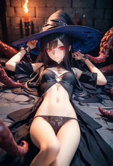 4K, ,  long bangs to her chin covers one eye,   red eyes,   high resolution  ,  hot girl, Cutie, makeup, 1 girl, witch, cutout on the chest to the navel, long flowing black hair, 3d, dungeon, panties, witch clothes, девушка исследует dungeon, stone walls, patterns,  world from the torch, She is lying on the floor, chained, monsters surrounded the girl, monsters groping a girl,  girl is afraid , tentacles