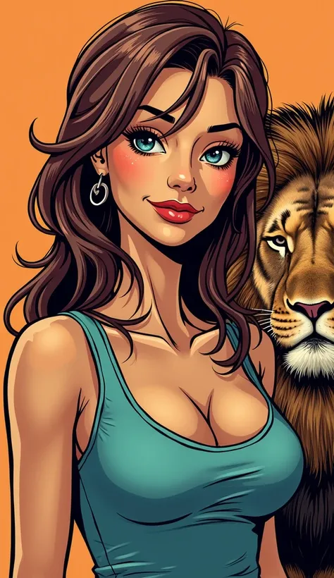 DISCREET image. with discreet casual clothes. image adult woman, american, comic book style. with a discreet smile. collecting money. IMAGES WITH VIBRANT COLORS. WITH A LION AT THE SIDE, FOCUS ON THE FACE.