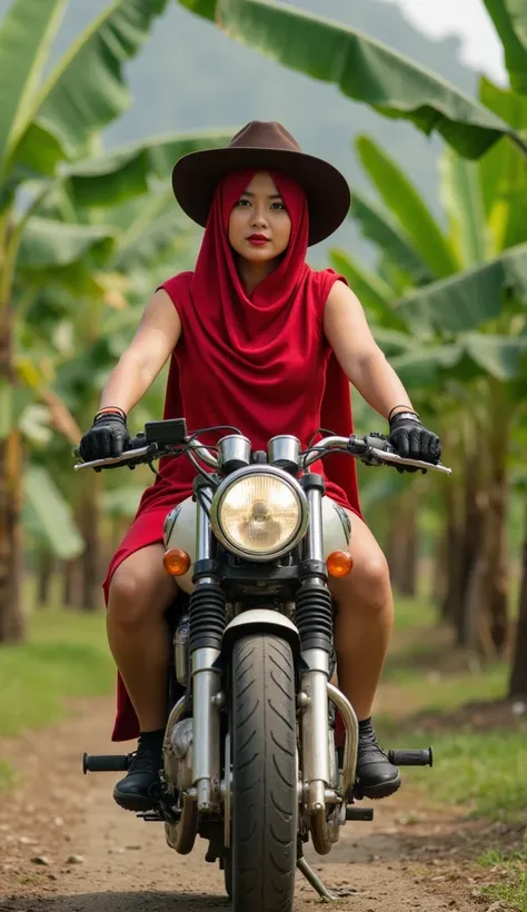 Chinese-asian women shirt. red islamic veil and cowboy hat . little body weight 50kg big breasts 2 .3. bright red lips black gloves . Hand holding cowboy gun . Riding a motorcycle trail in a rocky meadow with lots of banana trees and palm trees. Realistic ...