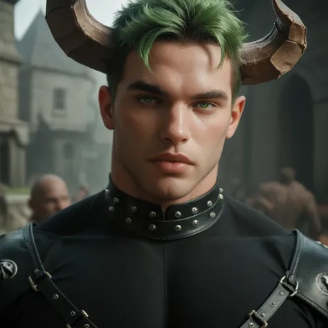 Male handsome muscular enemies make green eyes dim as they see you , plump lips aley . Horns sticking out from around the hair Gothic suit black outfits with short green hair burying the enemies of the gravedigger
 Let it say 666 and the gravedigger.
