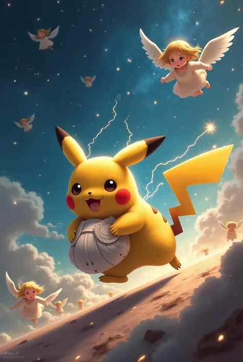  Pikachu is running away carrying lots of womens underpants、Lots of angel girls are angrily chasing 、 outer space 、