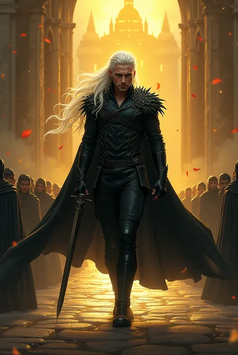  Create a beautiful prince from hell man  ,  long, white hair held in half a tail , blue eyes and beautiful face .  Dressed in a black combat suit ,  leather shoulder pads in the form of leaves that fall on his shoulders and a dark cape .  Who is walking h...