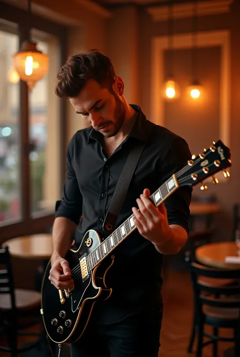 Best Art Video Hyperealistic, UHD, HDR, 5D, medium shoot of the Masculine Handsome man very gently perform hard rock music with the black marshal electric guitar, his sight to viewer with love, on the stage of live music performance at Elegant gently coffe...