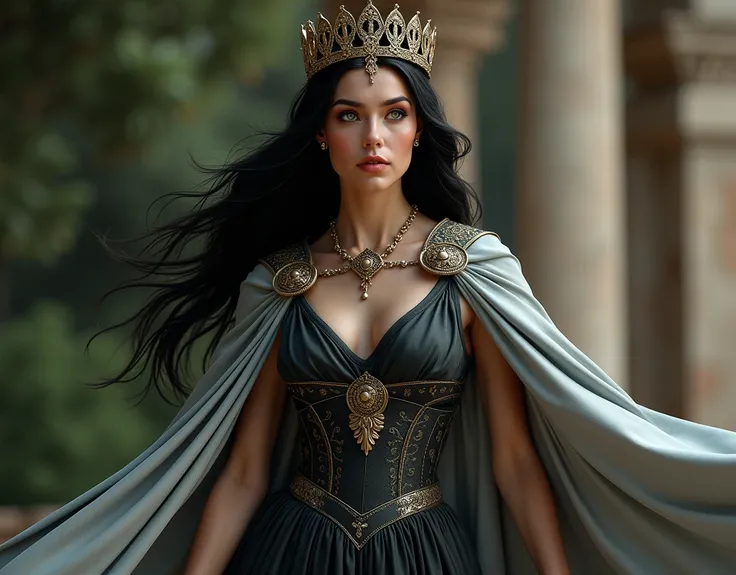 Black-haired woman Lazio ,  light green eyes , wearing a dark echizera dress ,  a light gray cape and wearing a crown like Reyna while wearing dark makeup