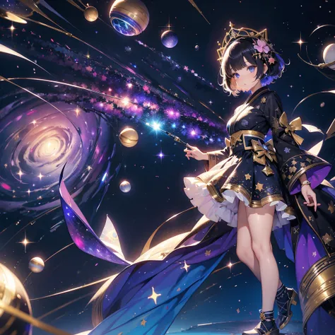  1 girl、vtuber-full body、Star Fairy、「 Beautifully Printed Galaxy Patterned Kimono and Gothic Lolita Outfit.、 Space Print Ruffle Box Pleated Mini Skirt 、Full body front portrait、Captivating eyes、Perfect and attractive face、 Exquisite Details 、 Clear Images ...