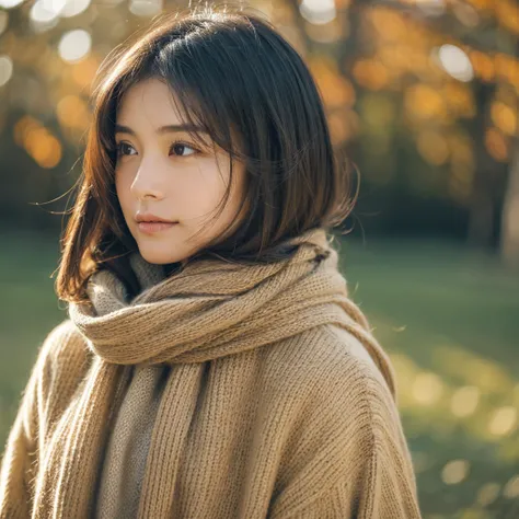 A hyper-realistic image of a single Japanese woman in her early 20s, captured with the nostalgic warmth and subtle graininess of a film camera. She is dressed in stylish winter attire, featuring an oversized coat, a textured wool scarf wrapped loosely arou...